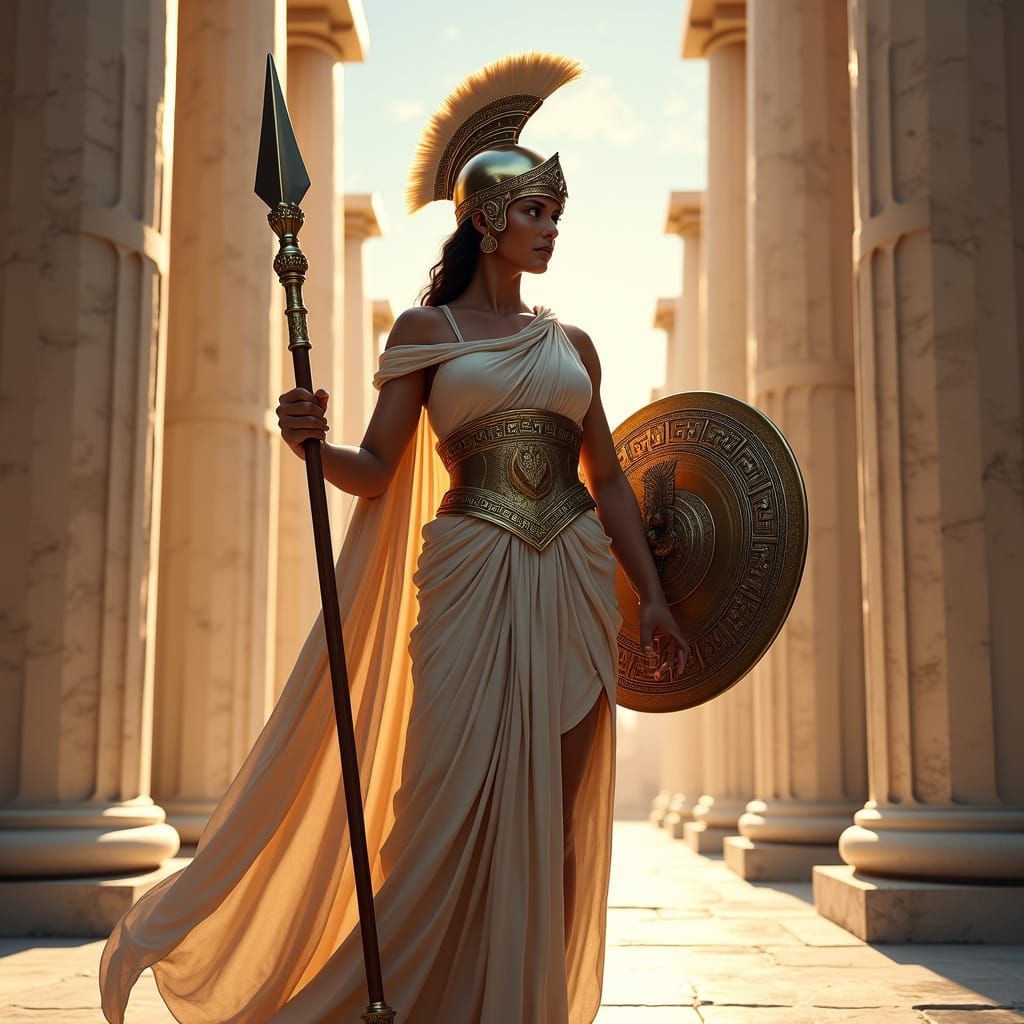 Goddess Athena in Elegant Greek Armor within the Grand Parth...
