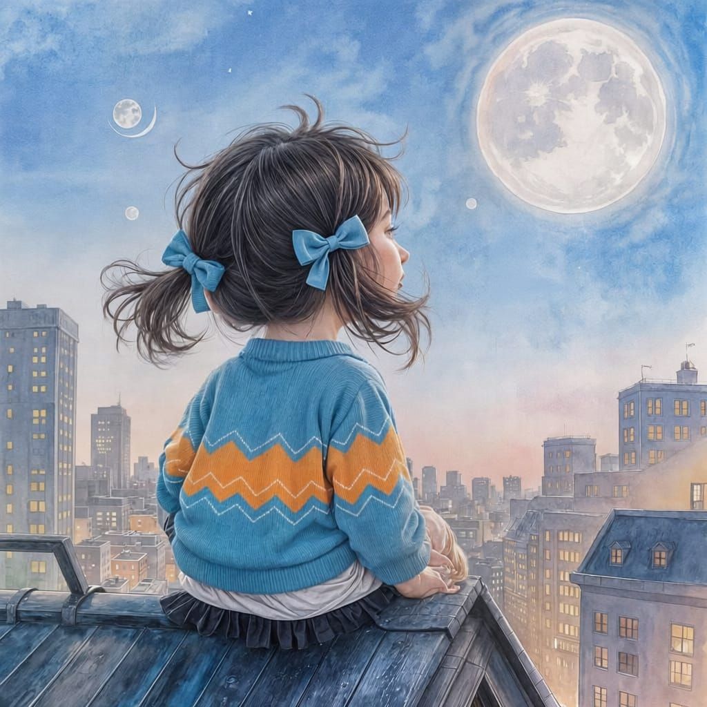 Little Girl on Rooftop Gazing at Full Moon
