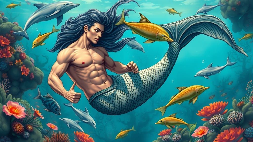 Muscular Mermen Swim with Dolphins in Vibrant Coral Reef