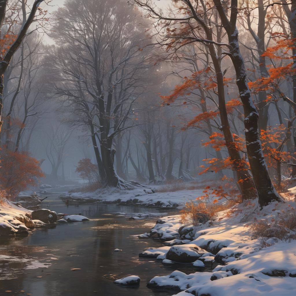 Romantic Winter Forest River Landscape in Art Nouveau Style