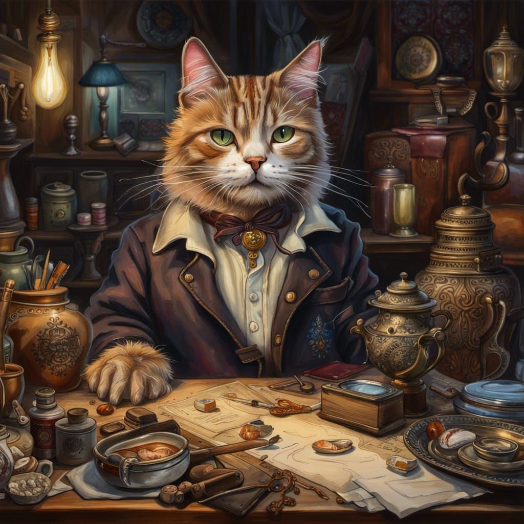 Antique Cat Merchant: Detailed Fantasy Art