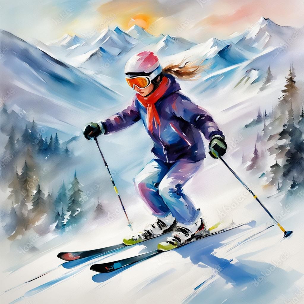 A young girl is skiing in the mountains