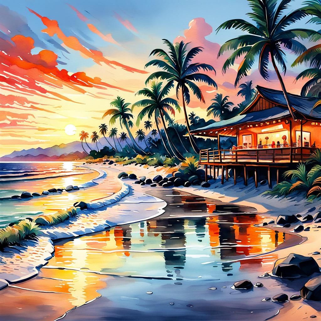 Tropical Beach Sunset in Watercolor Style