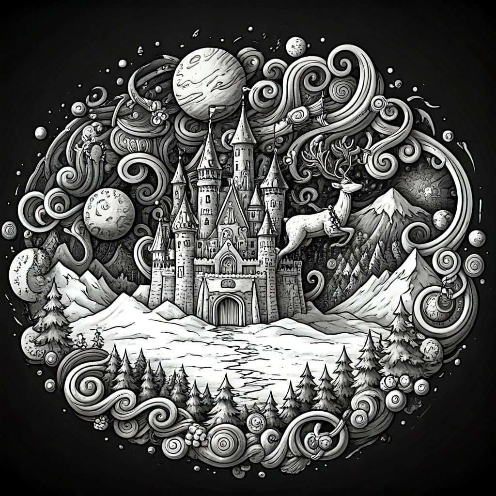 Fantasy North Pole Castle in Moody Doodle Art