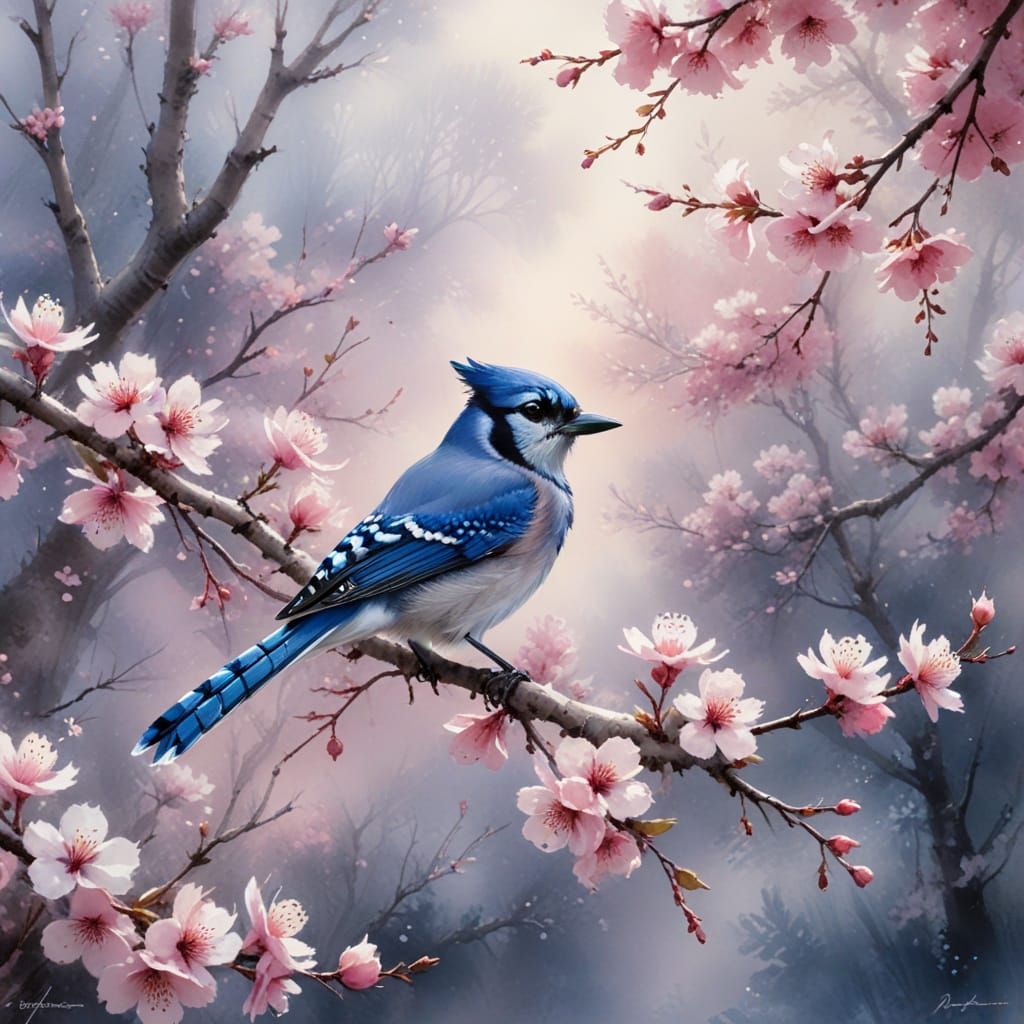 Blue Jay in Blossom Tree, in the Style of Yoji Shinkawa