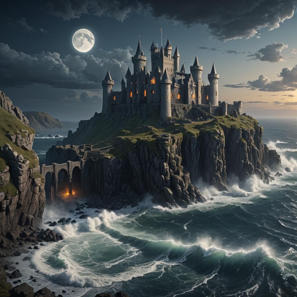 Moonlit Ruined Castle on Cliff, Detailed Matte Painting