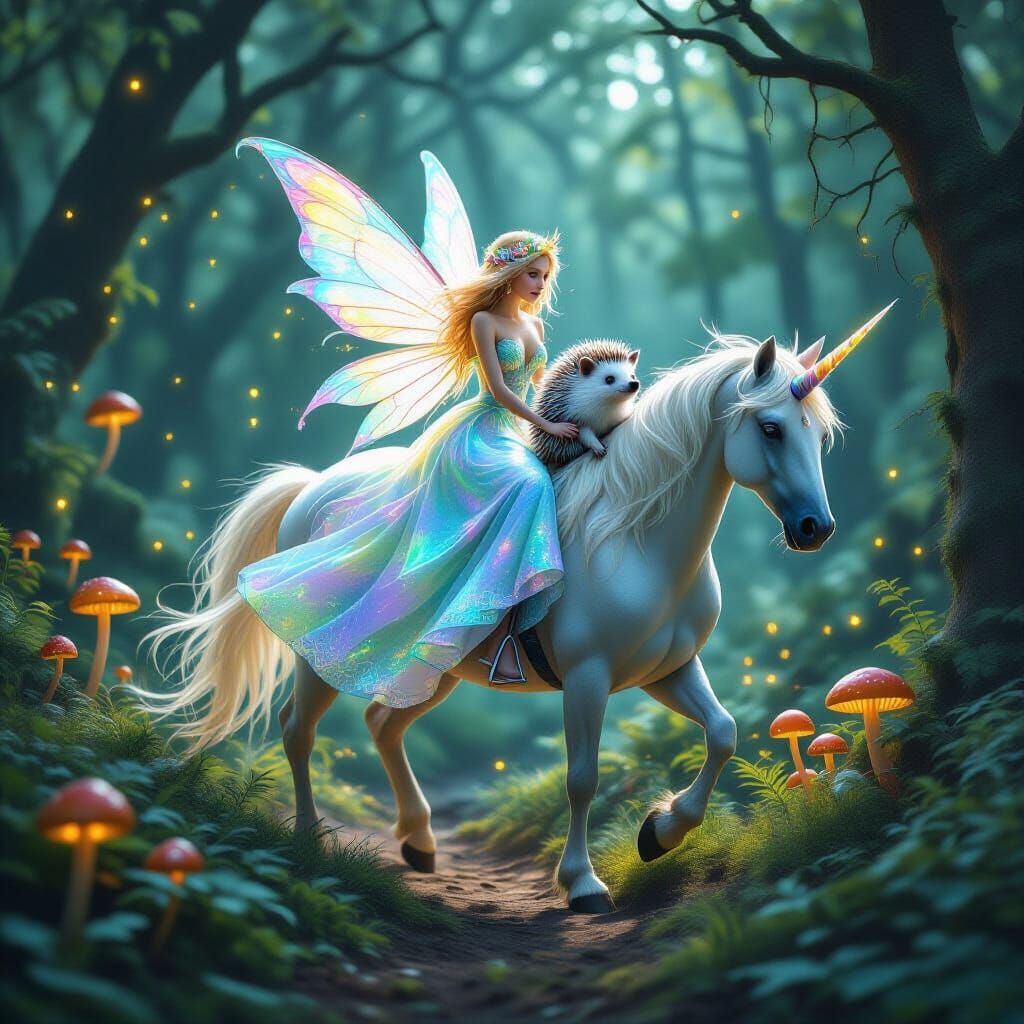 Fairy and Unicorn in Bioluminescent Forest