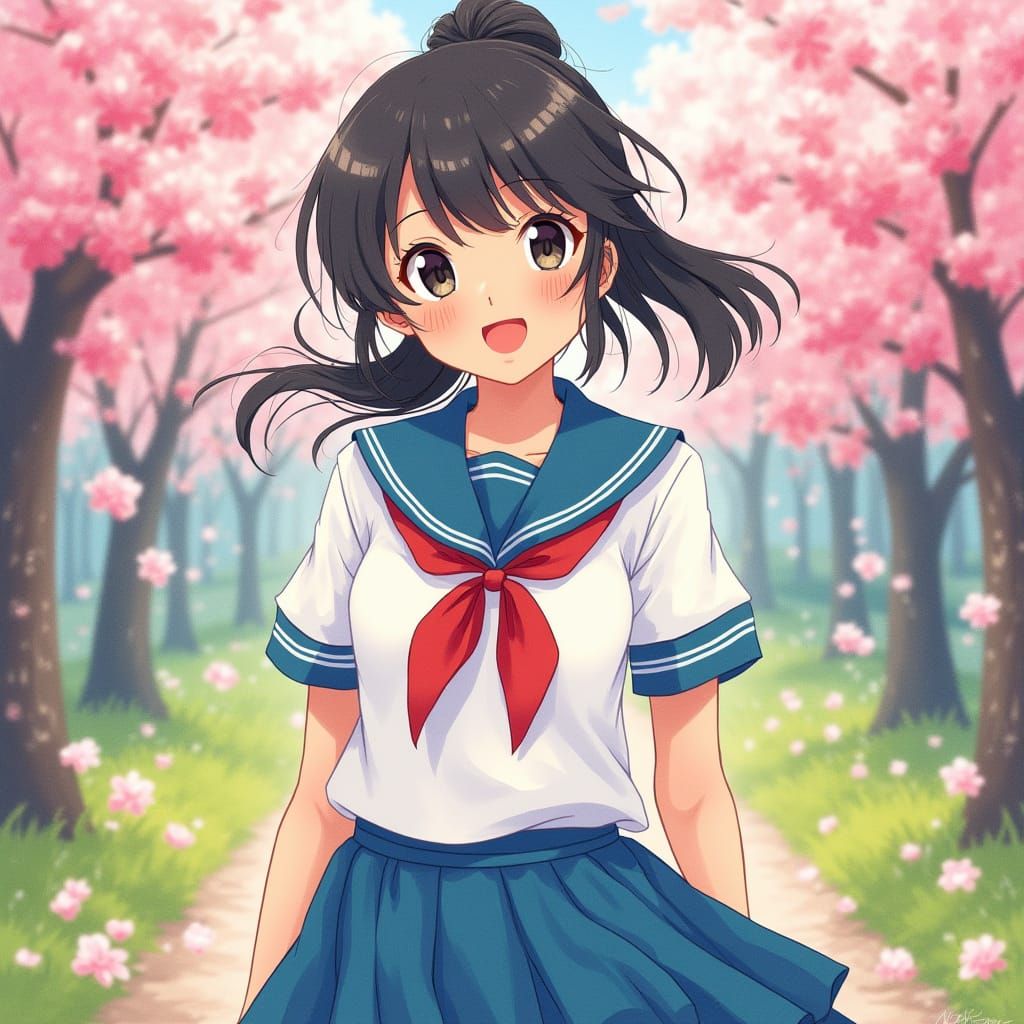 Vibrant Cherry Blossom Girl in Traditional Sailor Fuku