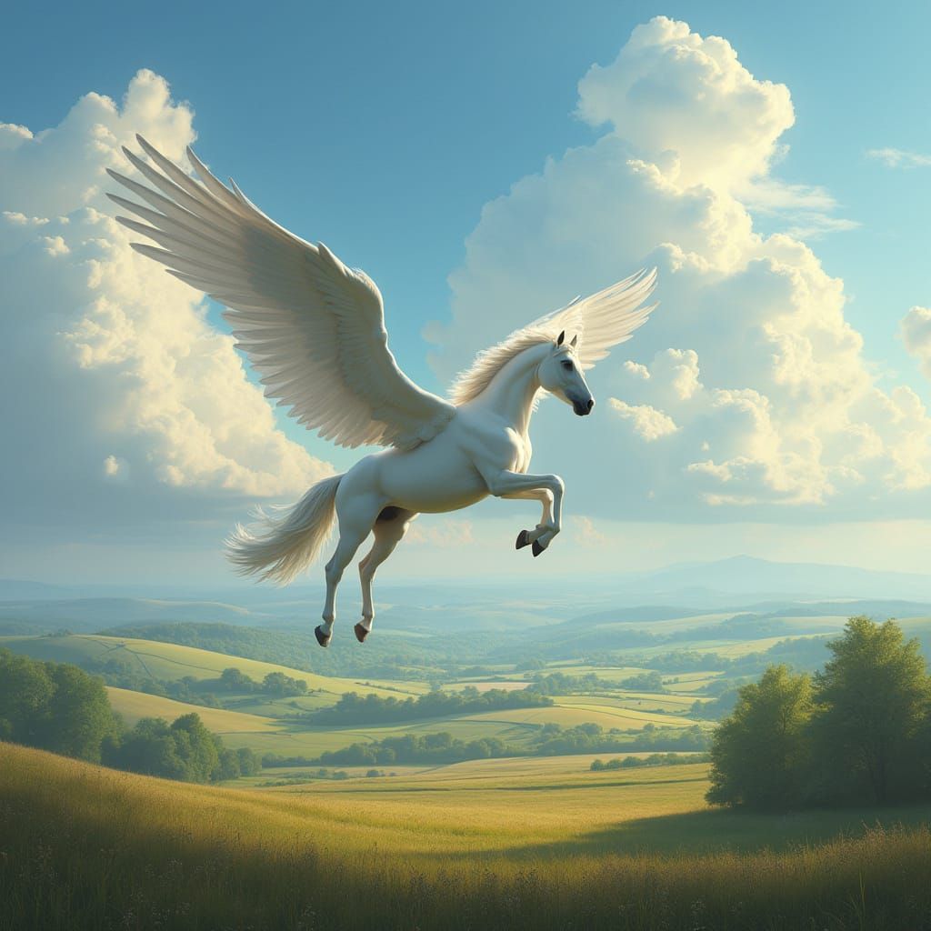 Pegasus Soaring Over Pastoral English Countryside