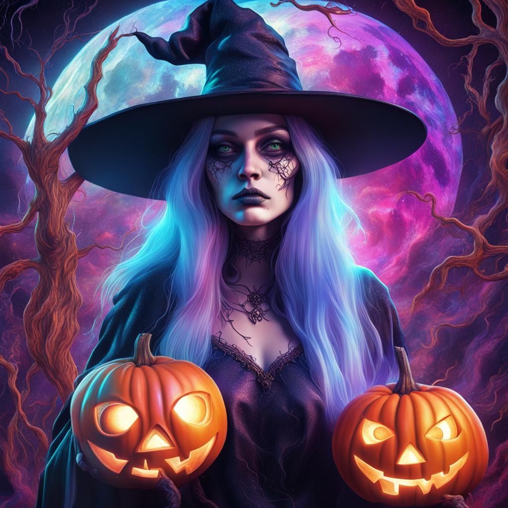 Scary Halloween Witch in Cosmic Mixed Media