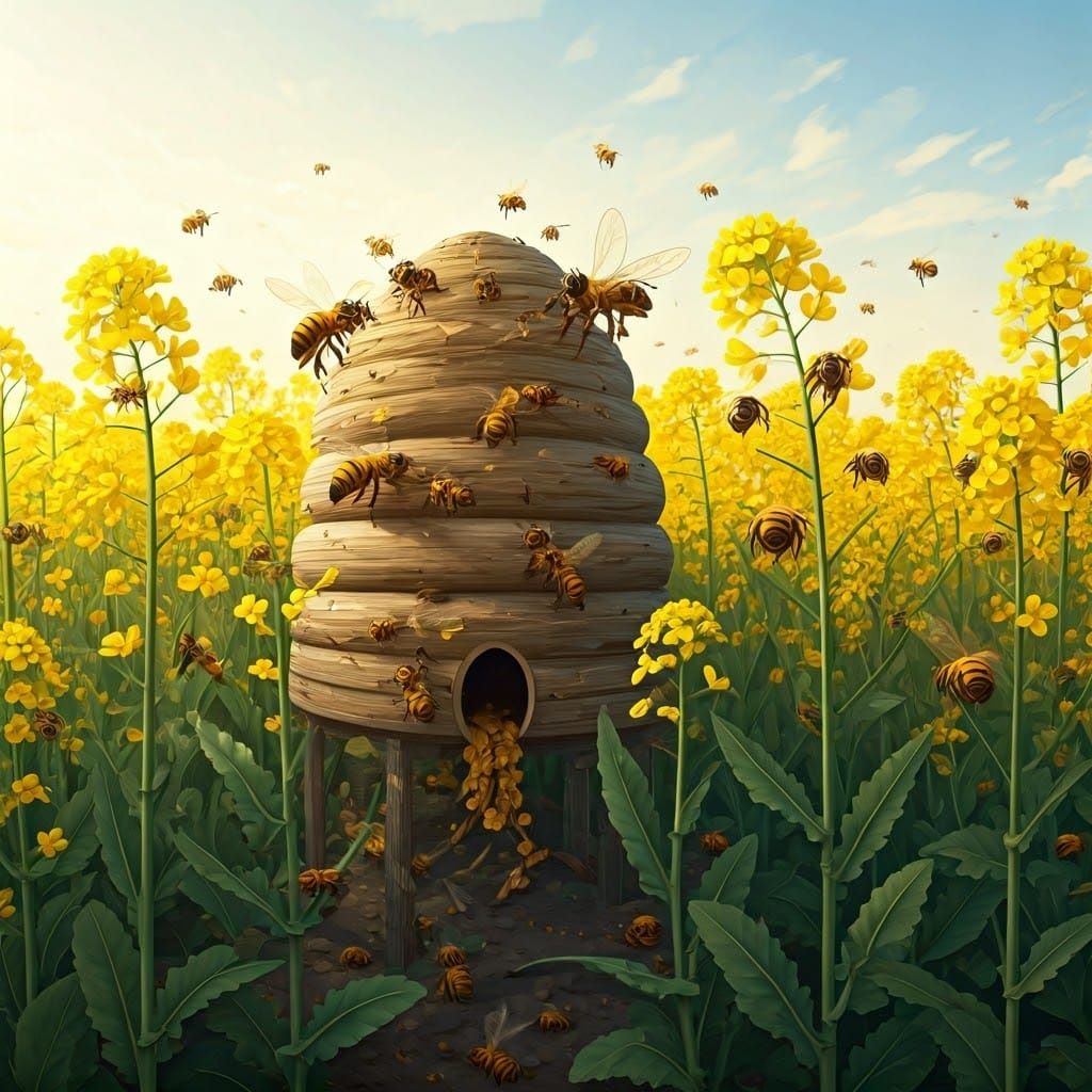 Bees Ravage Mustard Field in Chaotic Scene