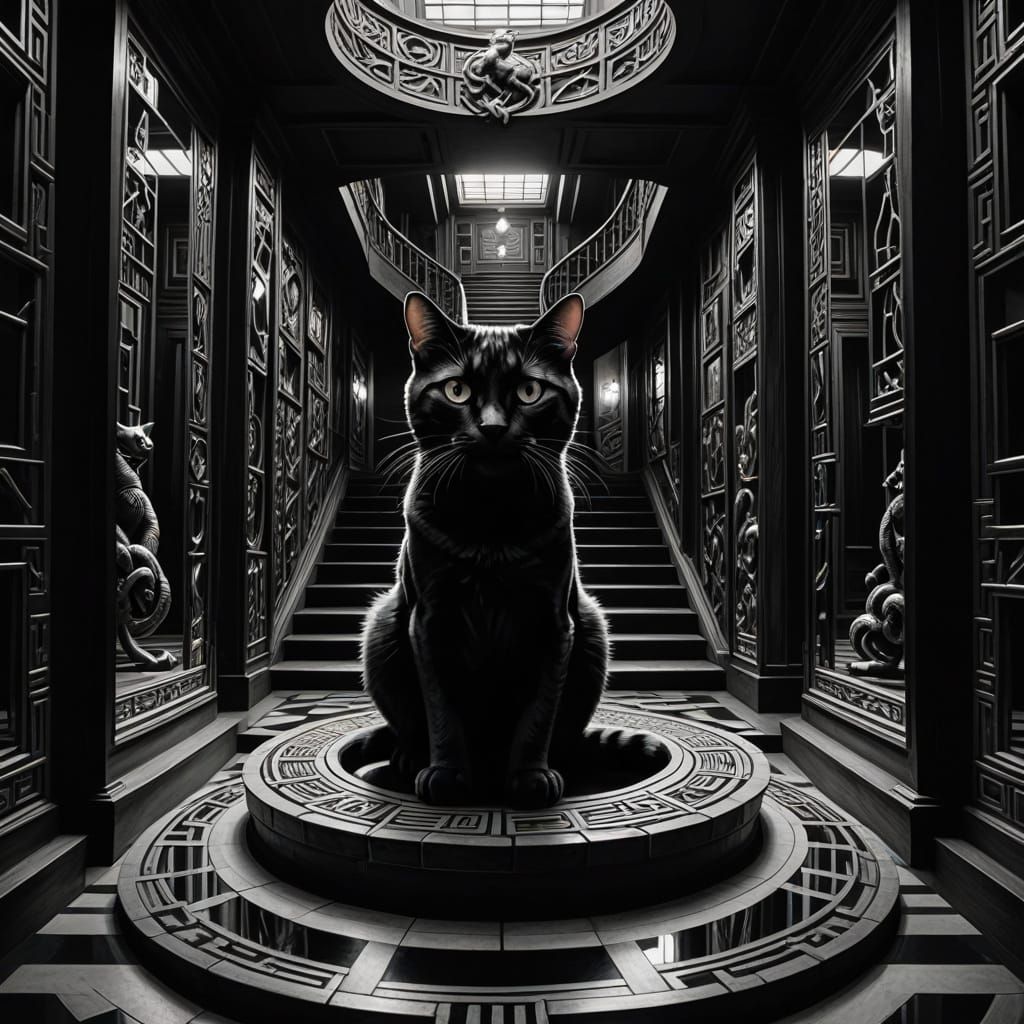 Cat Entranced by Infinite Reflections in Mirrored Maze