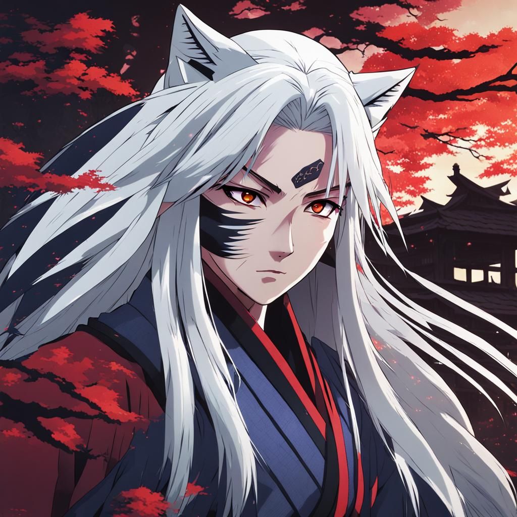 Anime Kunoichi with White Hair and Wolf Eyes
