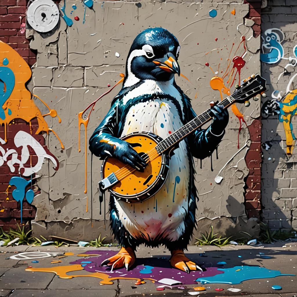Penguin Plays Banjo in Graffiti Street Art