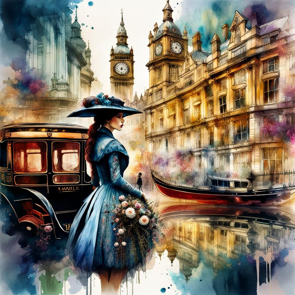 Victorian London Double Exposure in Watercolor Style