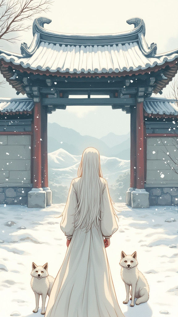 Anime Girl in Snowy Chinese Landscape, Watercolor Style
