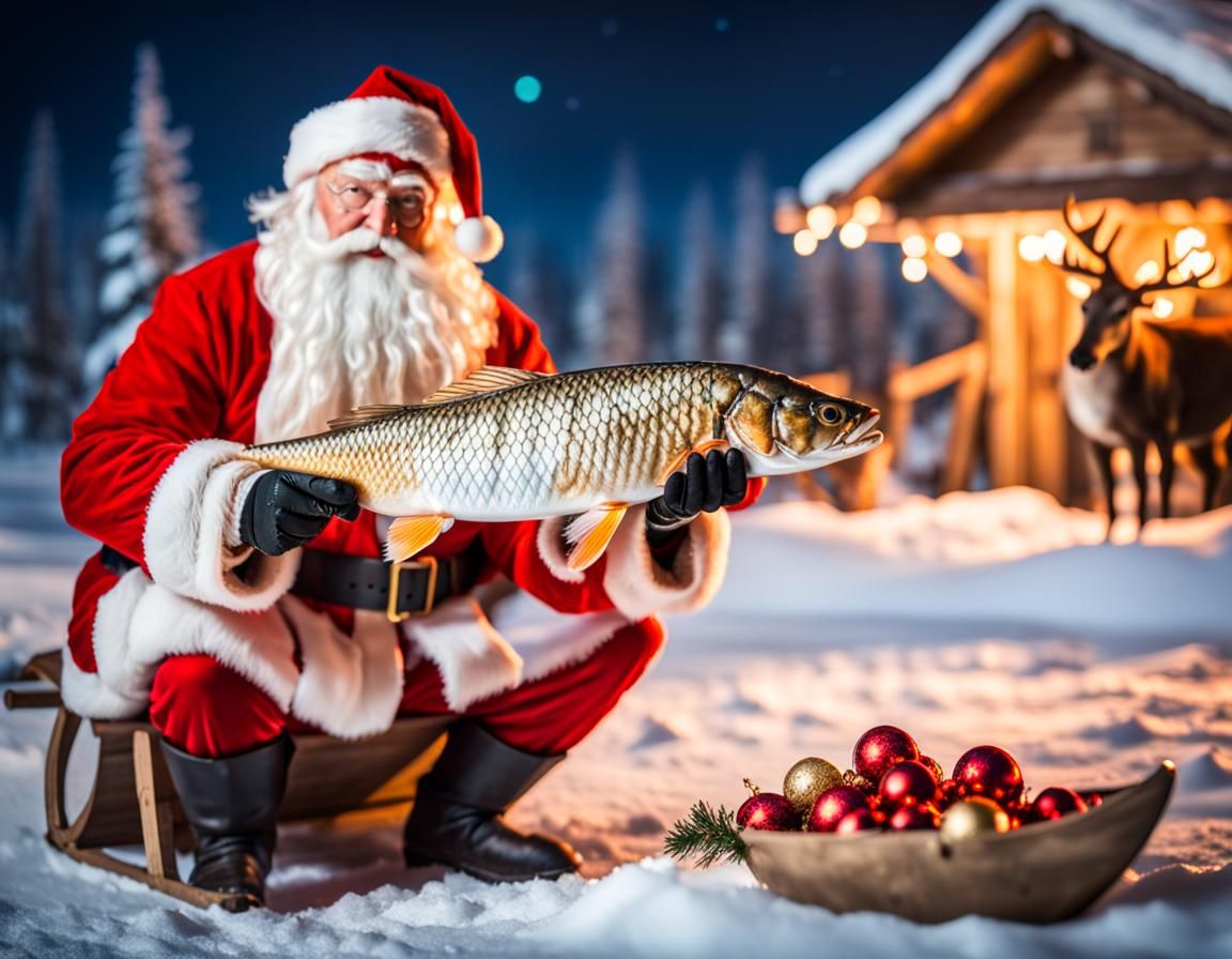 Santa Claus with Carp Fish in North Pole