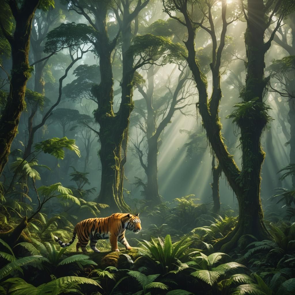 Tiger in a Misty Rainforest, Fantasy Concept Art