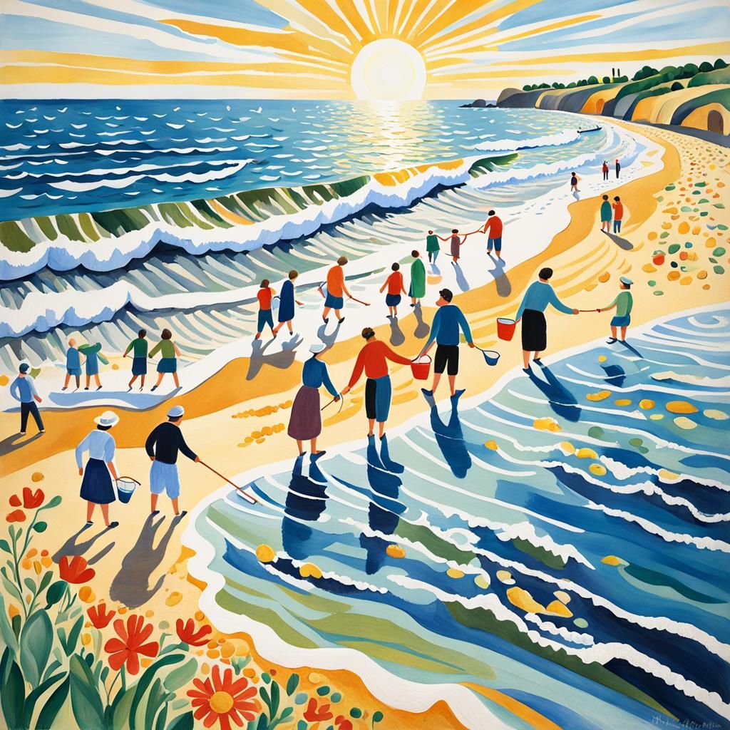 People Unite to Clean Beach: Gouache Painting
