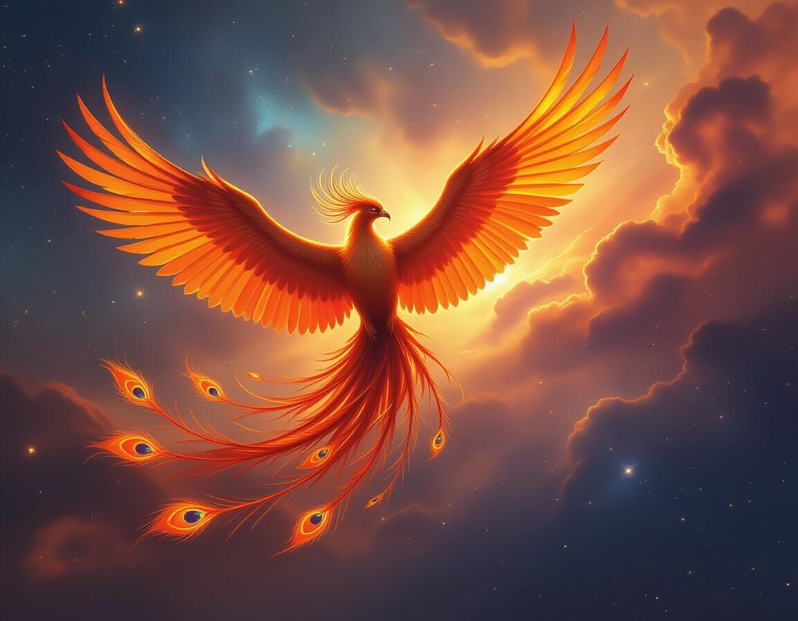 Phoenix Soaring Through Cosmic Nebula in Painterly Style
