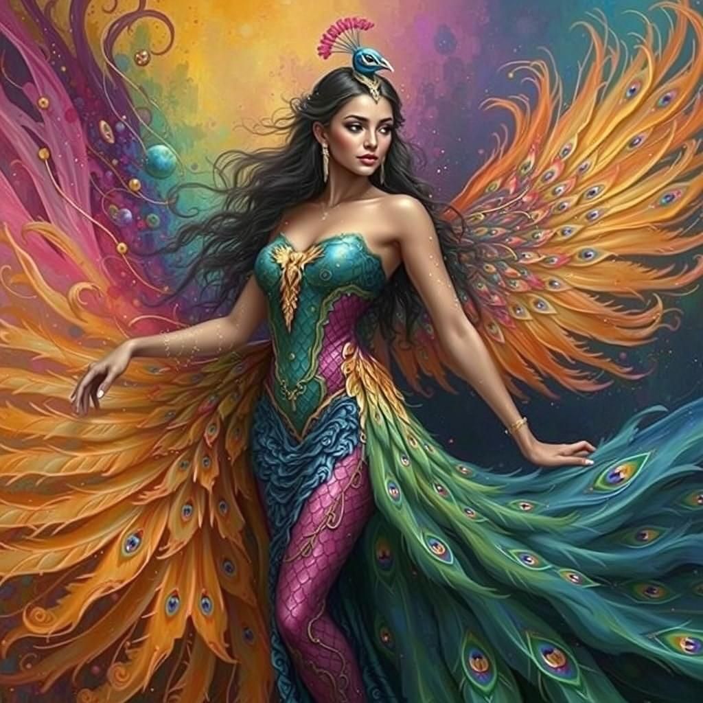 Dragon Peacock Woman in Abstract Fauvism Style