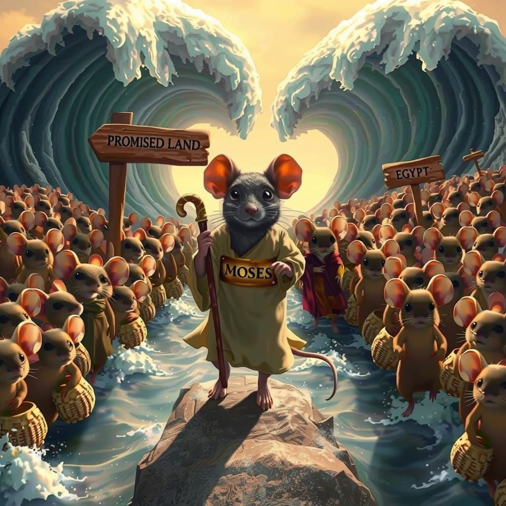 Biblical Epic: Moses Mouse Leads Mice Through Parted Red Sea