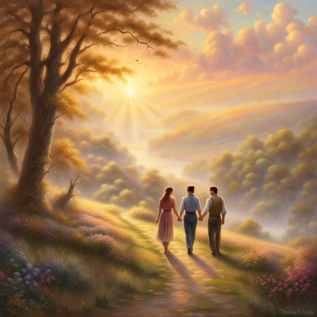 Friends Guide Each Other Through Serene Landscape