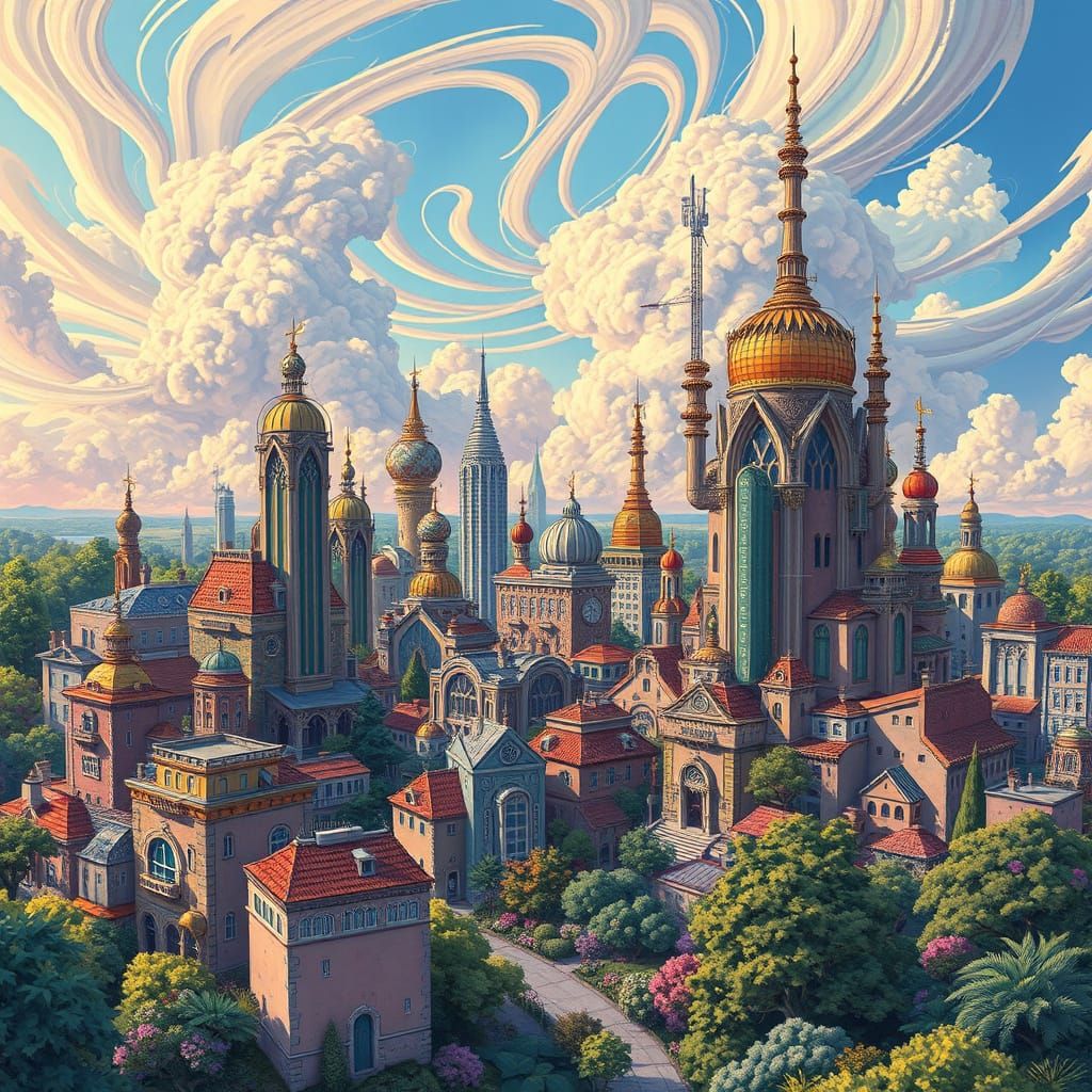 Whimsical Futuristic Cityscape in Pastel Hues and Earthy Ton...