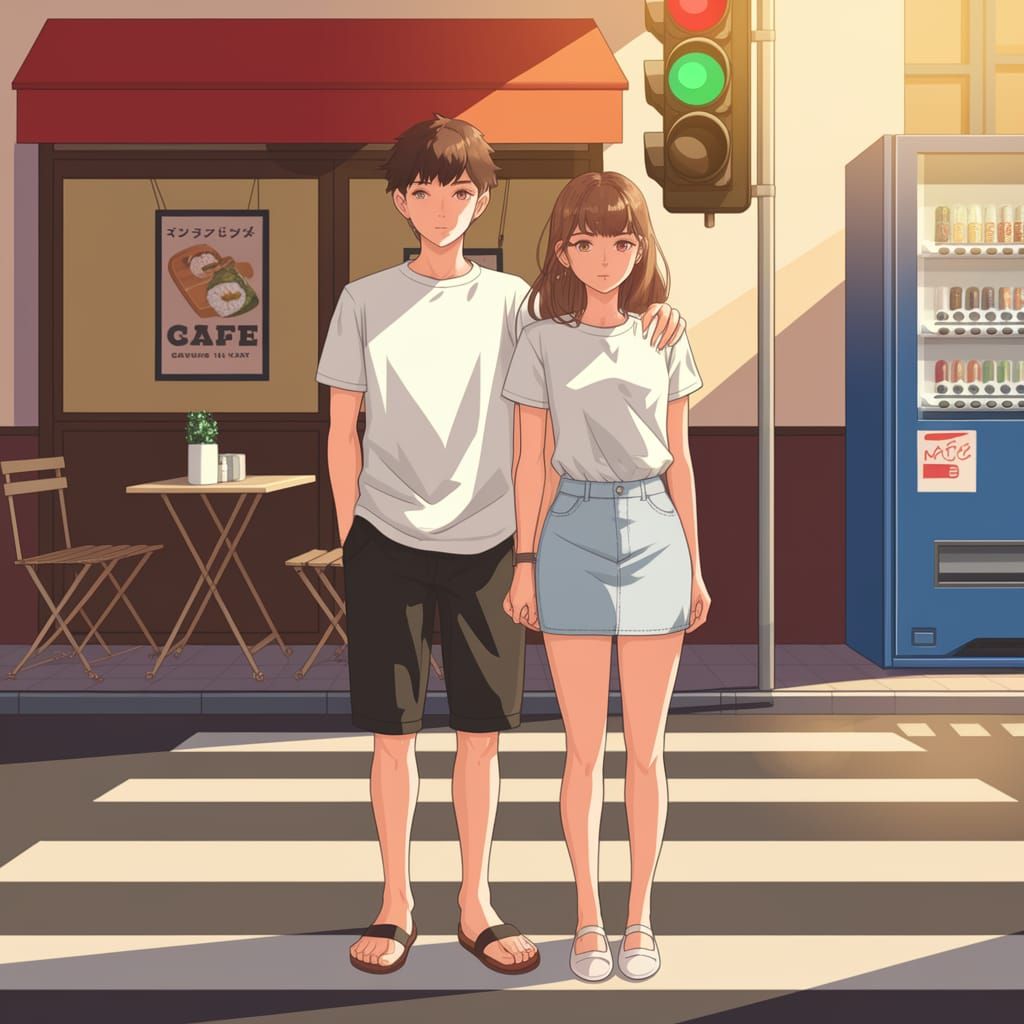 Anime Style Couple Waiting at a Quaint Japanese Crossing