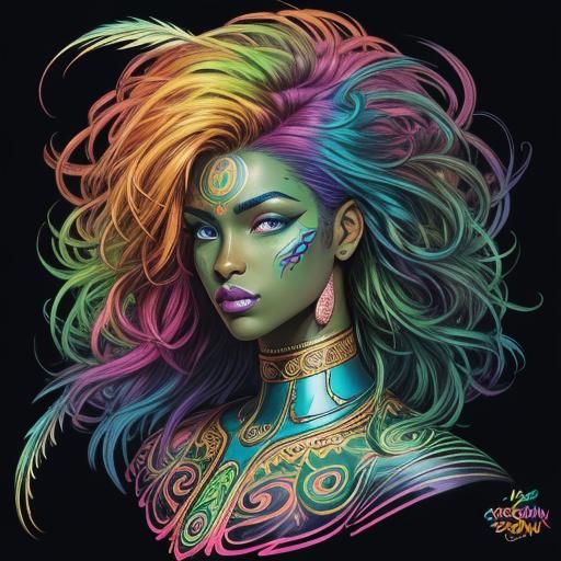 Rainbow Woman with Peacock Hair, Comic Book Art