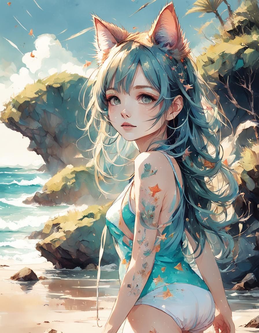 Anime Cat Girl at the Beach: Digital Painting