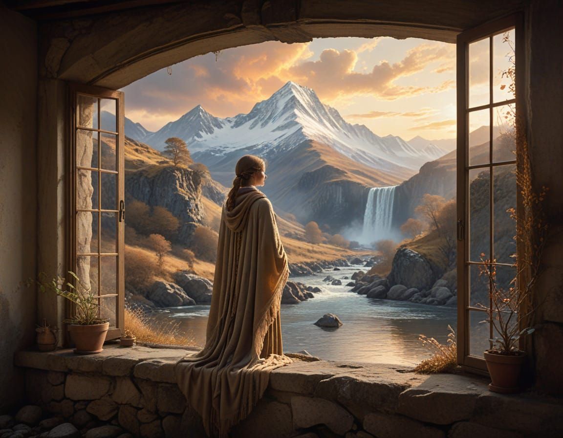 Contemplative Figure Gazes Out at Majestic Snow-Capped Mount...