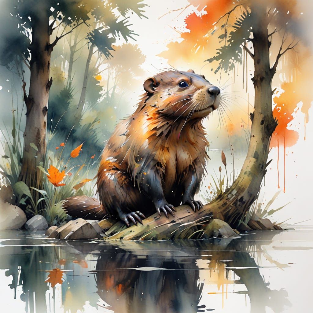 Industrious Beaver Building Dam at Golden Sunset