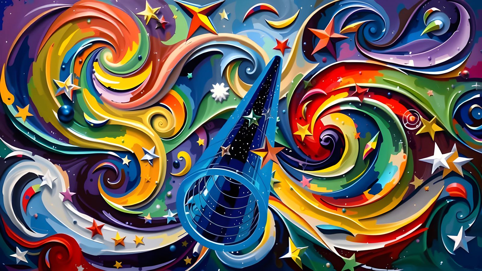 Reflective Cylinder Mirrors Impasto Cosmos in Surrealist Sty...