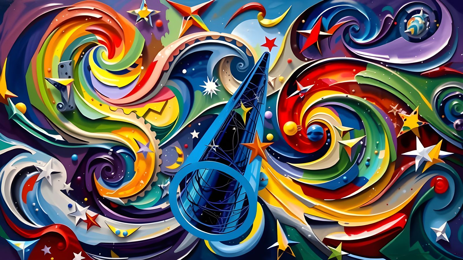 Vibrant Metallic Cylinder Reflecting a Surreal Cosmos