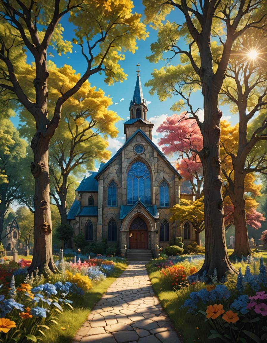 Sunny Church with Stained Glass in Oil Painting Style