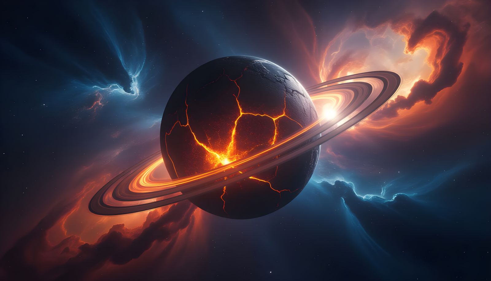 Obsidian Planet Erupting Against Cosmic Nebula