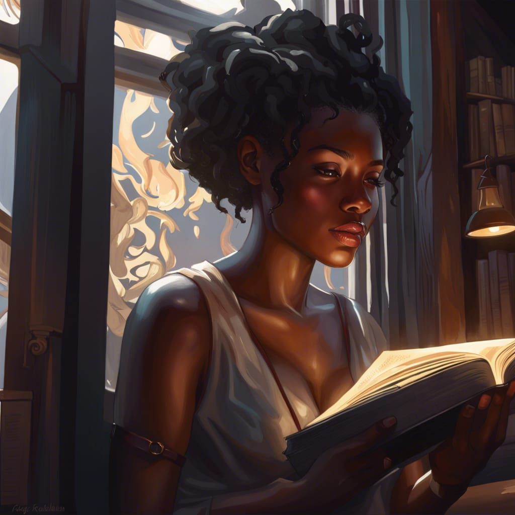 Detailed Portrait of Black Girl Reading
