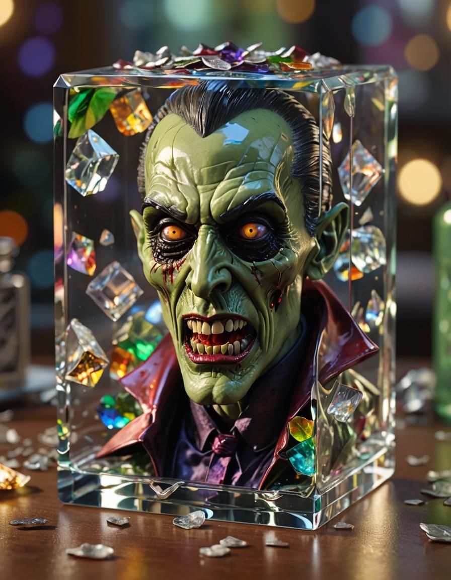 Zombie Dracula in Crystal Cube: 3D Rendered Figurine