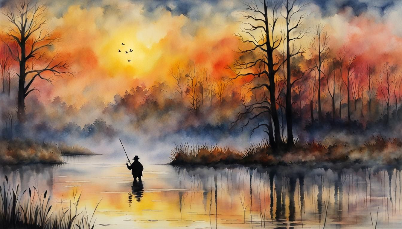 Duck Hunter at Misty Sunrise: Watercolor Painting