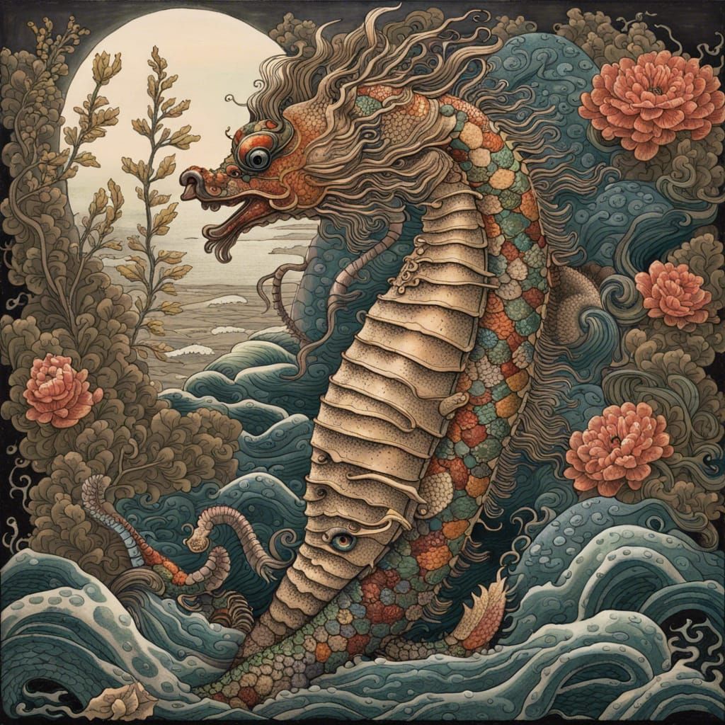 Japanese Woodblock Print Seahorse Dragon