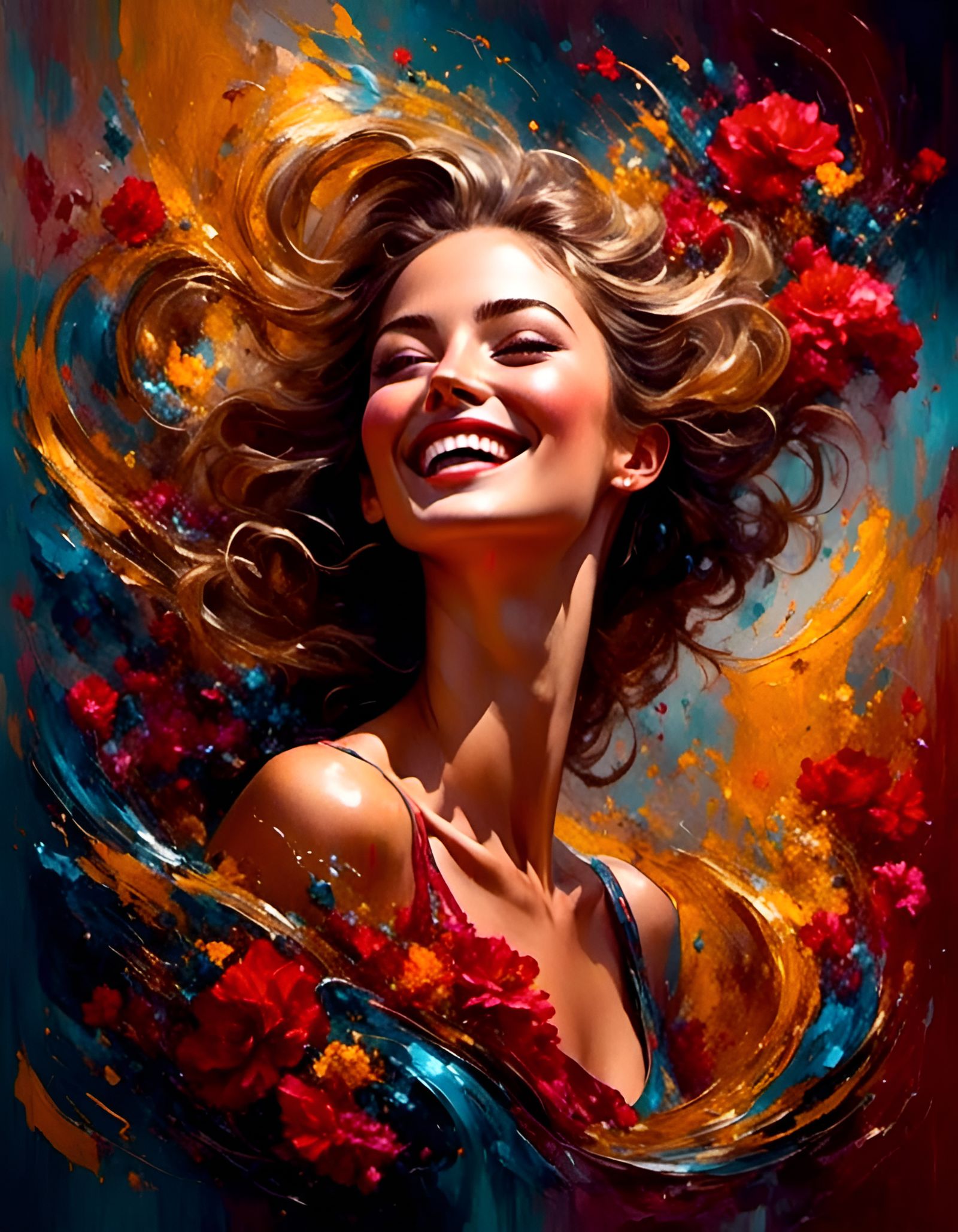 Laughing Woman Portrait with Swirling Abstract