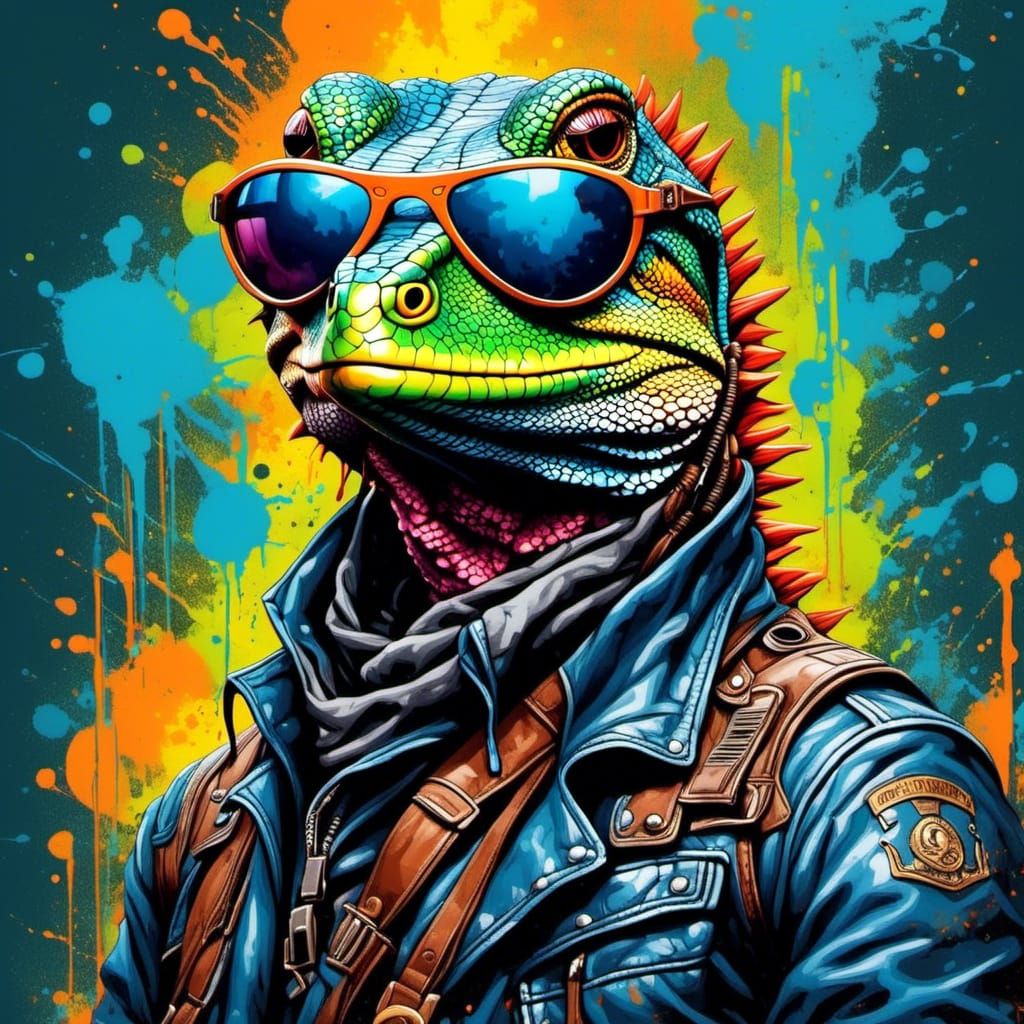 Lizard Biker Portrait in Graffiti Art Style