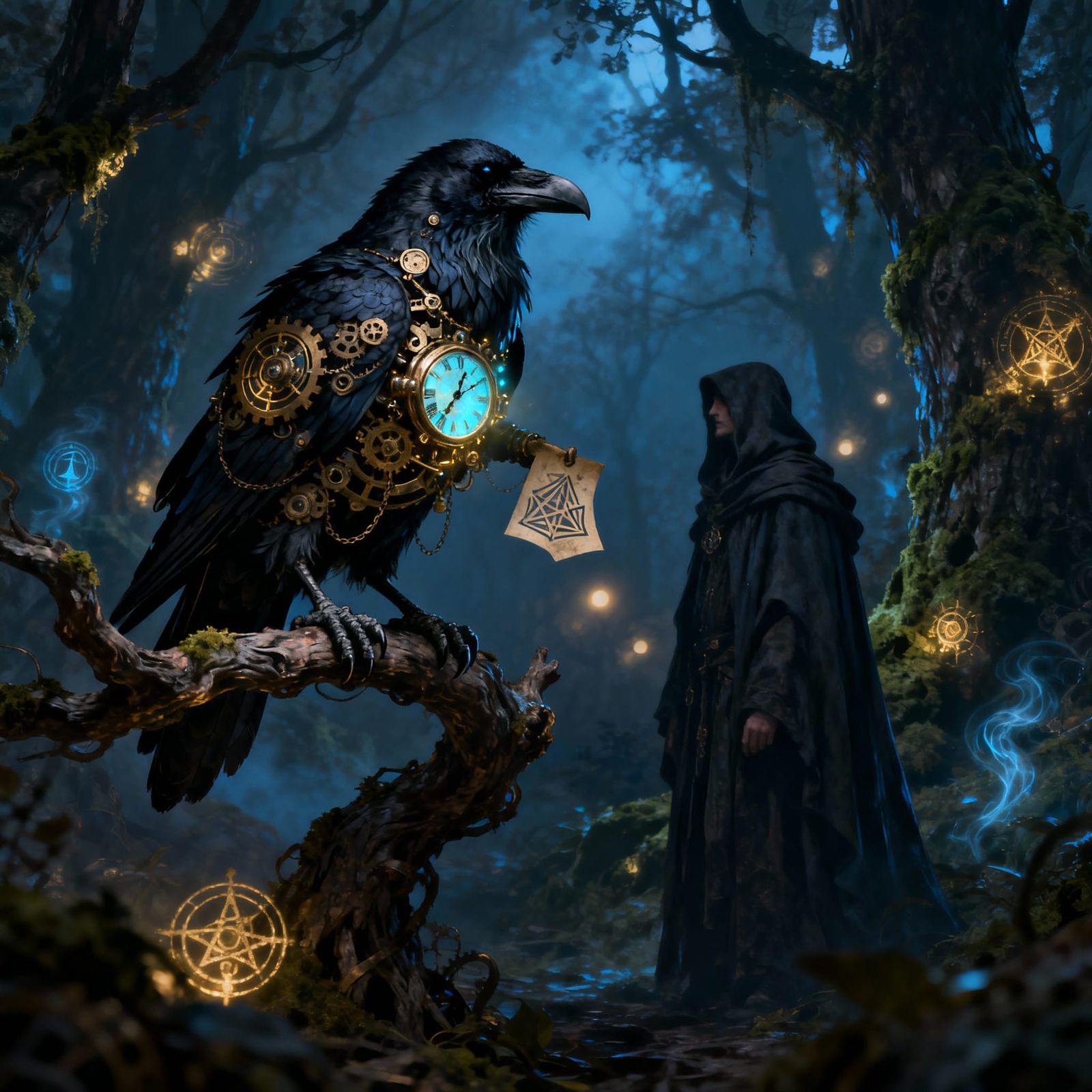 Clockwork Raven Delivers Message in Enchanted Forest