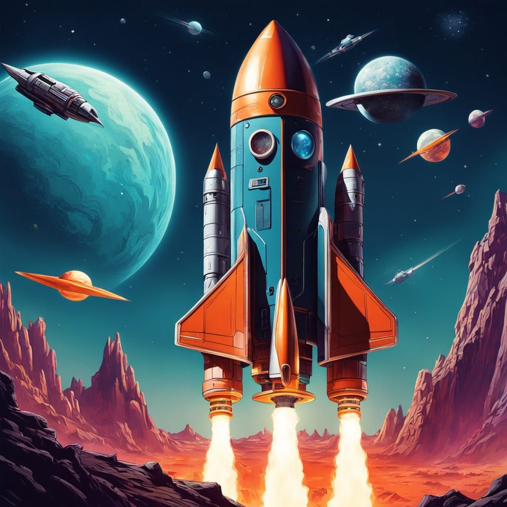 A rocket ship blasting off into a sky full of stars