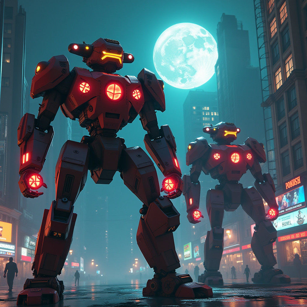Neon Mechs in Gritty Cyberpunk Cityscape