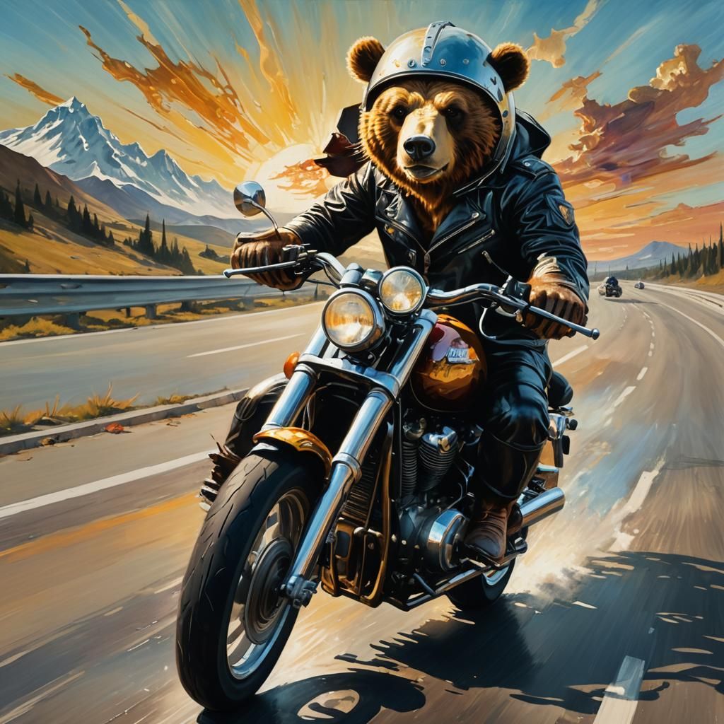 Bear on Motorcycle in Surrealist Dreamscape, Dali Style