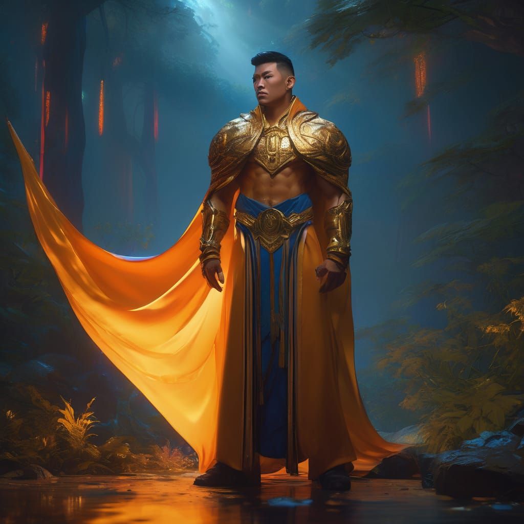 Confident Asian Warrior in Mystic Forest