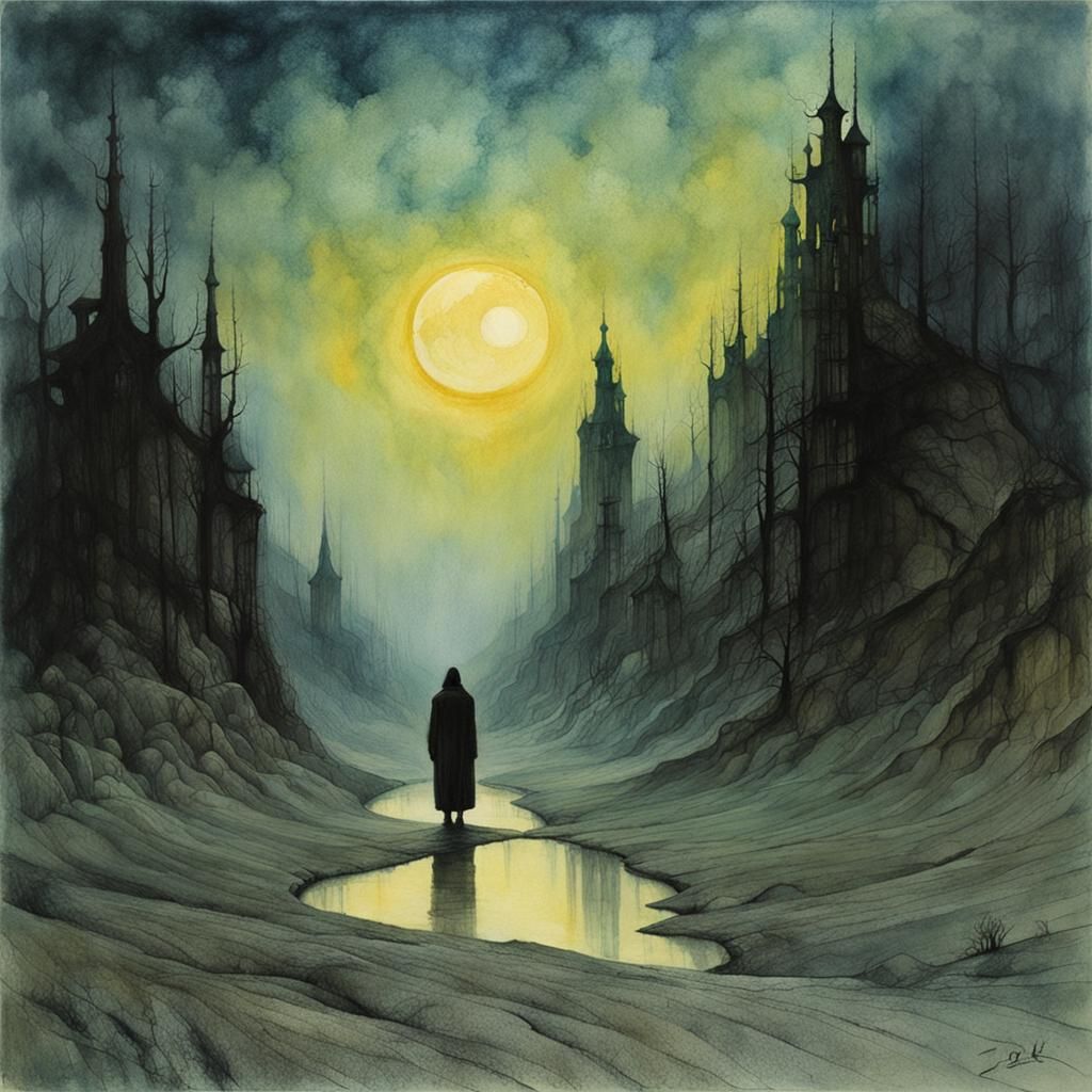 Mystical Figure Amidst Cosmic Energies in Beksiński Style