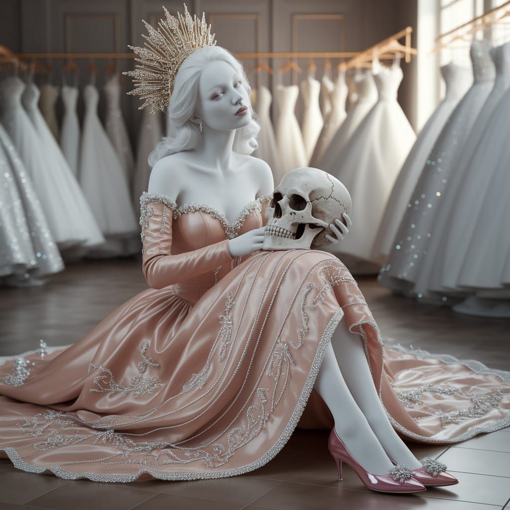 Albino Woman in Leather Wedding Dress Holding Skull